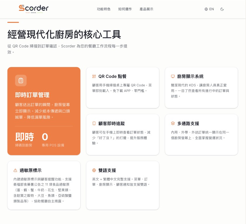 Scorder 餐廳線上點餐系統 tablet